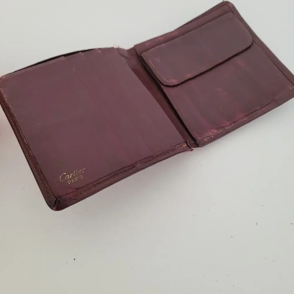 Cartier Men's Vintage Bifold‎ Leather Bordeaux Red Wallet Medium Retro Card Fair
